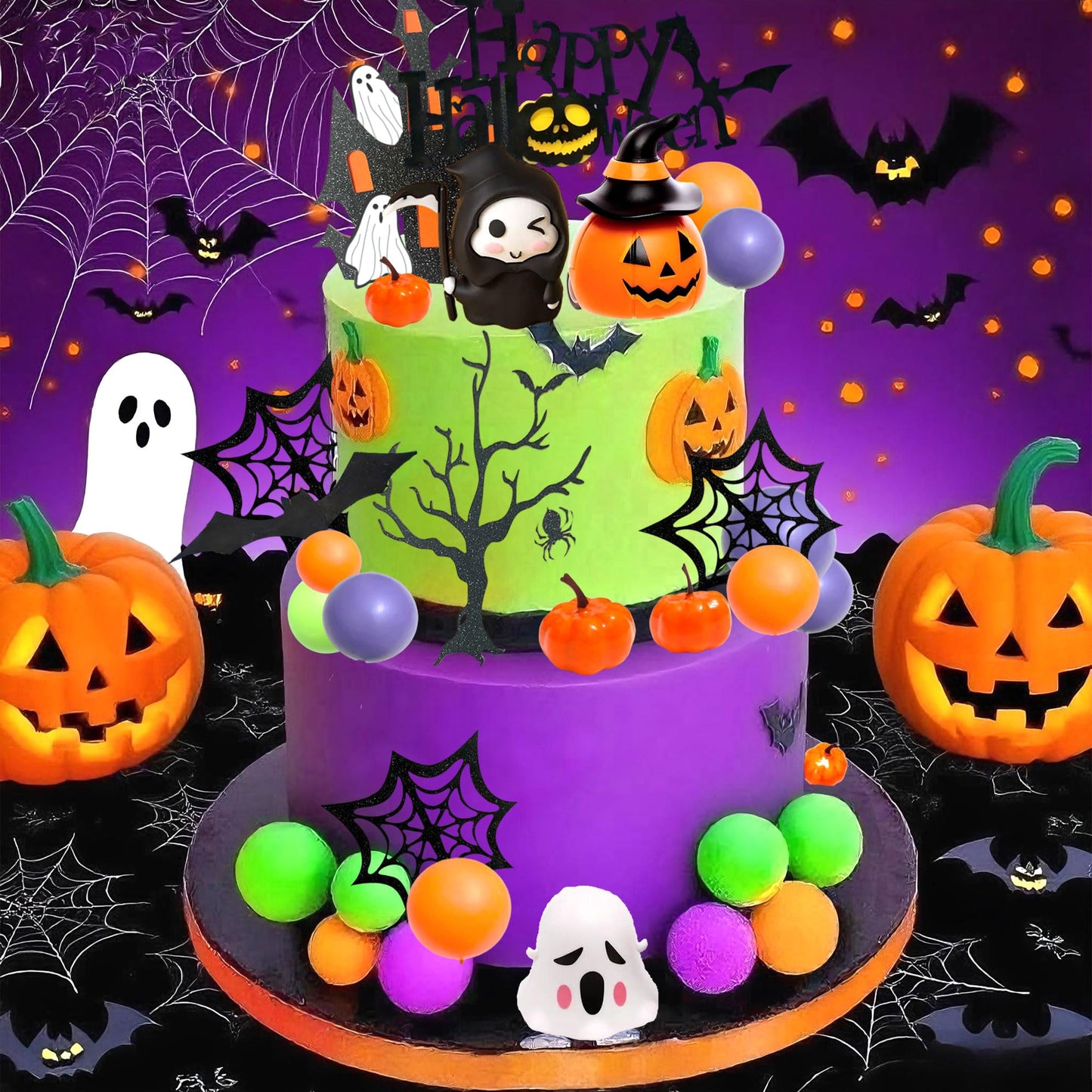 Tyotrbs Halloween Cake Toppers 3D Pumpkin Bat Ghost Cake Balls Cake Decorations Happy Halloween Cake Topper For HalloweenParty Supplies