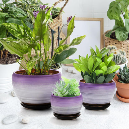 SOUJOY Set of 3 Ceramic Flower Pots, Gardening Plant Pot with Drainage Holes and Saucer, 7/5/4 inch Purple Round Succulent Herbs Cactus Planter for Indoor Outdoor
