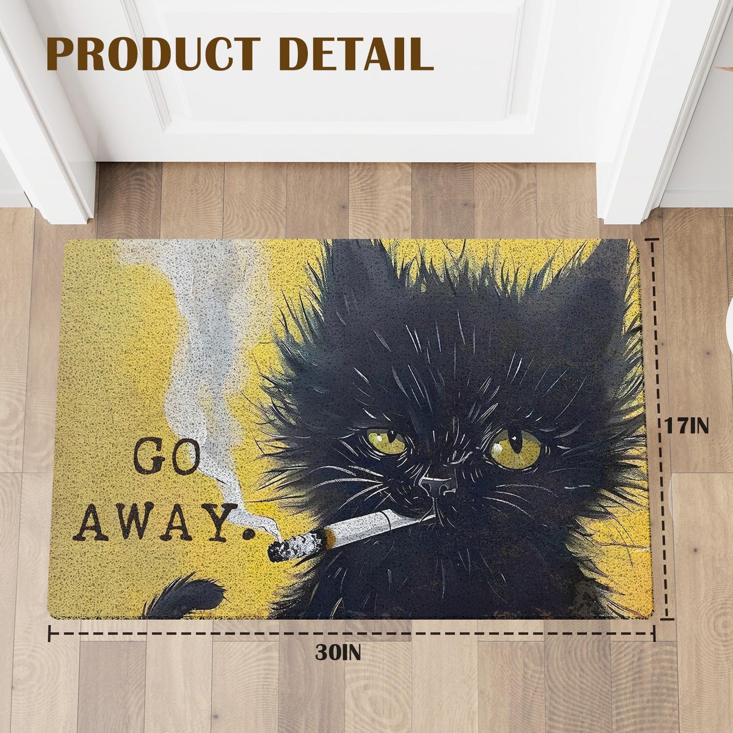 KBRCT Go Away Black Cat Door Mat Outdoor Indoor Entrance Entryway, Funny Smoking Black Kitten Kitty Doormat Inside Outside, Cat Welcome Mats for Front Door, 17x30 Inch