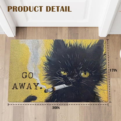 KBRCT Go Away Black Cat Door Mat Outdoor Indoor Entrance Entryway, Funny Smoking Black Kitten Kitty Doormat Inside Outside, Cat Welcome Mats for Front Door, 17x30 Inch