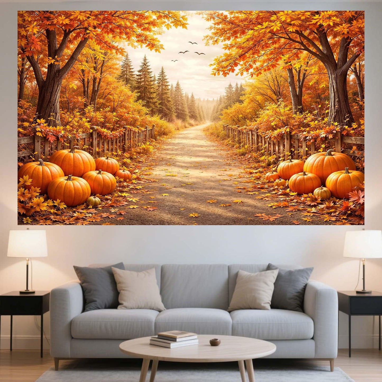 Bondjos Fall Photography Backdrop, Fall Pumpkin Rustic Country Road Maple Leaf Forest Photo Backdrop,Vibrant Photoshoot Backdrop, Photo Booth Background for Autumn Thanksgiving Halloween Party Decor