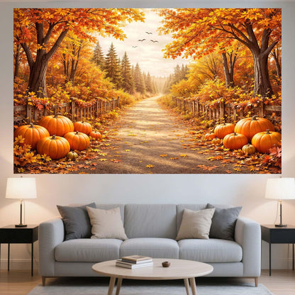 Bondjos Fall Photography Backdrop, Fall Pumpkin Rustic Country Road Maple Leaf Forest Photo Backdrop,Vibrant Photoshoot Backdrop, Photo Booth Background for Autumn Thanksgiving Halloween Party Decor