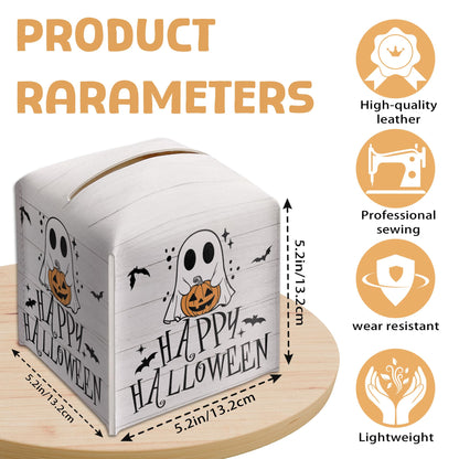 Happy Halloween Tissue Box Holder, Ghost Pumpkin Leather Tissue Box Cover Square, Cute Facial Paper Organizer Dispenser Toilet Paper Holder Decor for Bathroom Kitchen Office Home Accessory-A03