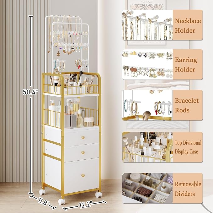 Makeup Organizer Cart with 3 Drawers, Jewelry Organizers and Storage for Earring Necklace, Large Vanity Storage Organizer for Skin Care Perfume Make up Brush Nail Polish Hair Tool (Gold)