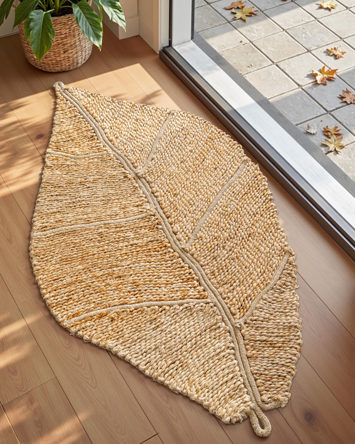 DEXI Jute Door Mat Inside Entryway Braided Woven, 36x24 Front Entrance Doormat Inside Leaf Shaped, Welcome Natural Fiber Entry Mats Farmhouse Home Decor, Beige
