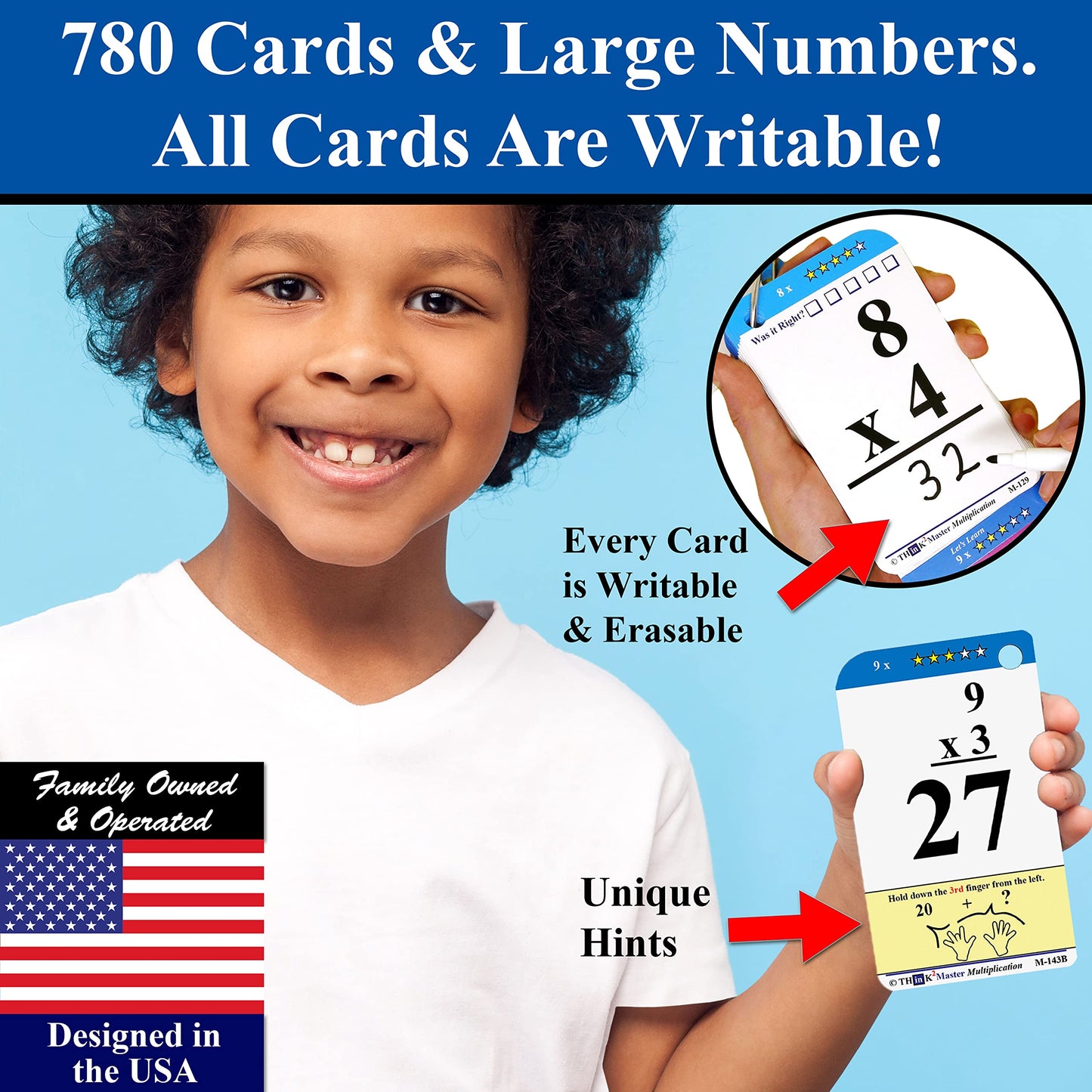 Think2Master Addition, Subtraction & Multiplication Flash Cards. This 3 Pack Includes 780 Laminated Cards to Learn How to add, Subtract, Multiply, Divide. Plus 6 Dry Erase Markers & 15 Rings