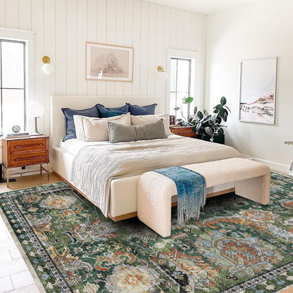 RUGSURE Washable Area Rugs - Perfect for Living Room, Bedroom, Kids Room, Nursery - Stain & Water Resistant Non-Slip, Pet & Child Friendly, Vintage Tribal Area Rugs (Green, 4' x 6')