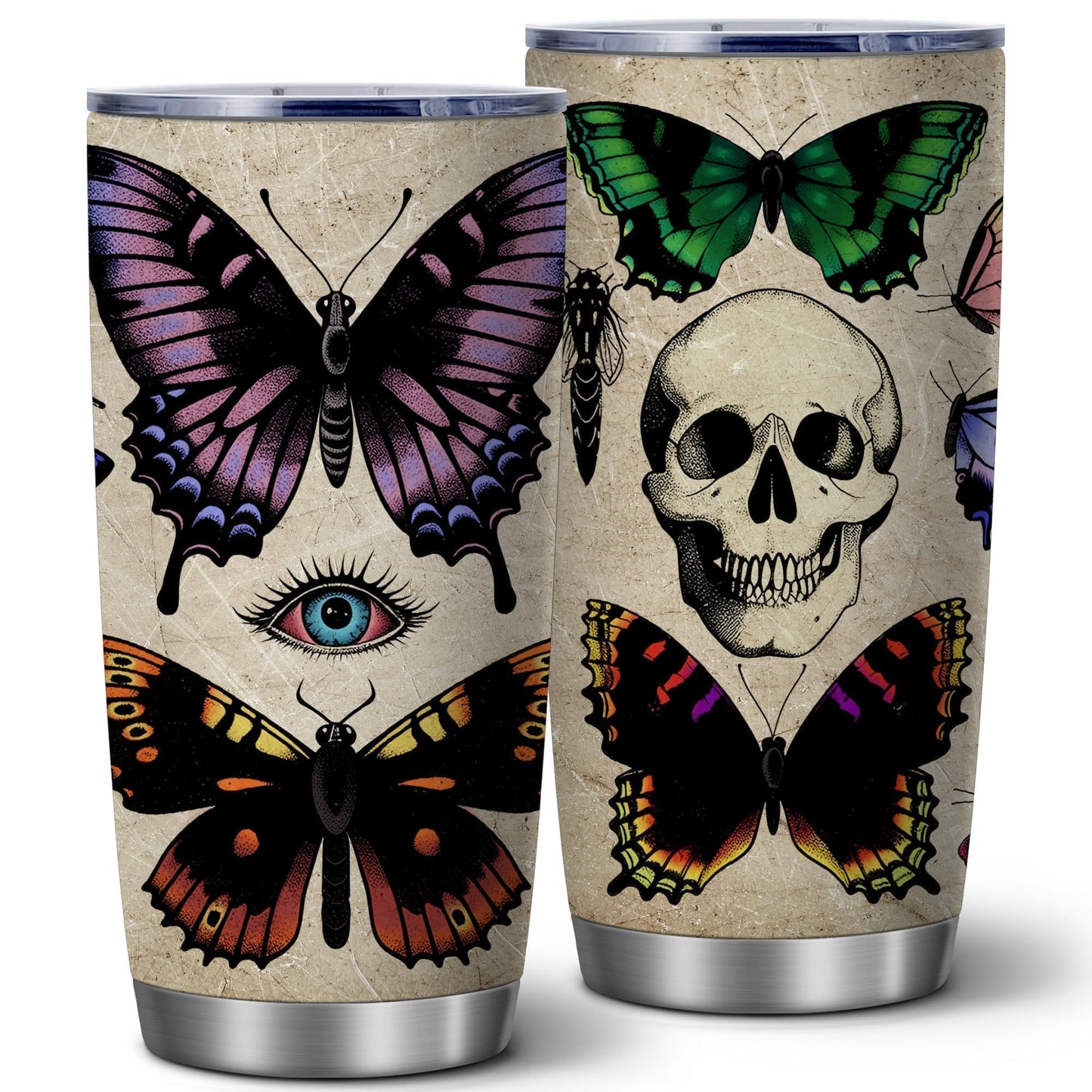 Evil Eye Butterfly Skull Gothic Witchy Tumbler,20 Oz Insulated Stainless Steel Iced Coffee Tumbler with Lid,Funny Travel Coffee Mug Cup Water Bottle,Goth Halloween Birthday Gifts for Women Men,1 Pcs