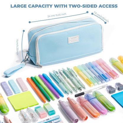 Four Candies Blue Pencil Case 3 Compartment Pouch, Large Pencil Pouch for School, Girls, Teen Boys, Women, Blue, Removable Handle & Zipper, Cute Pencil Bag for Office, College