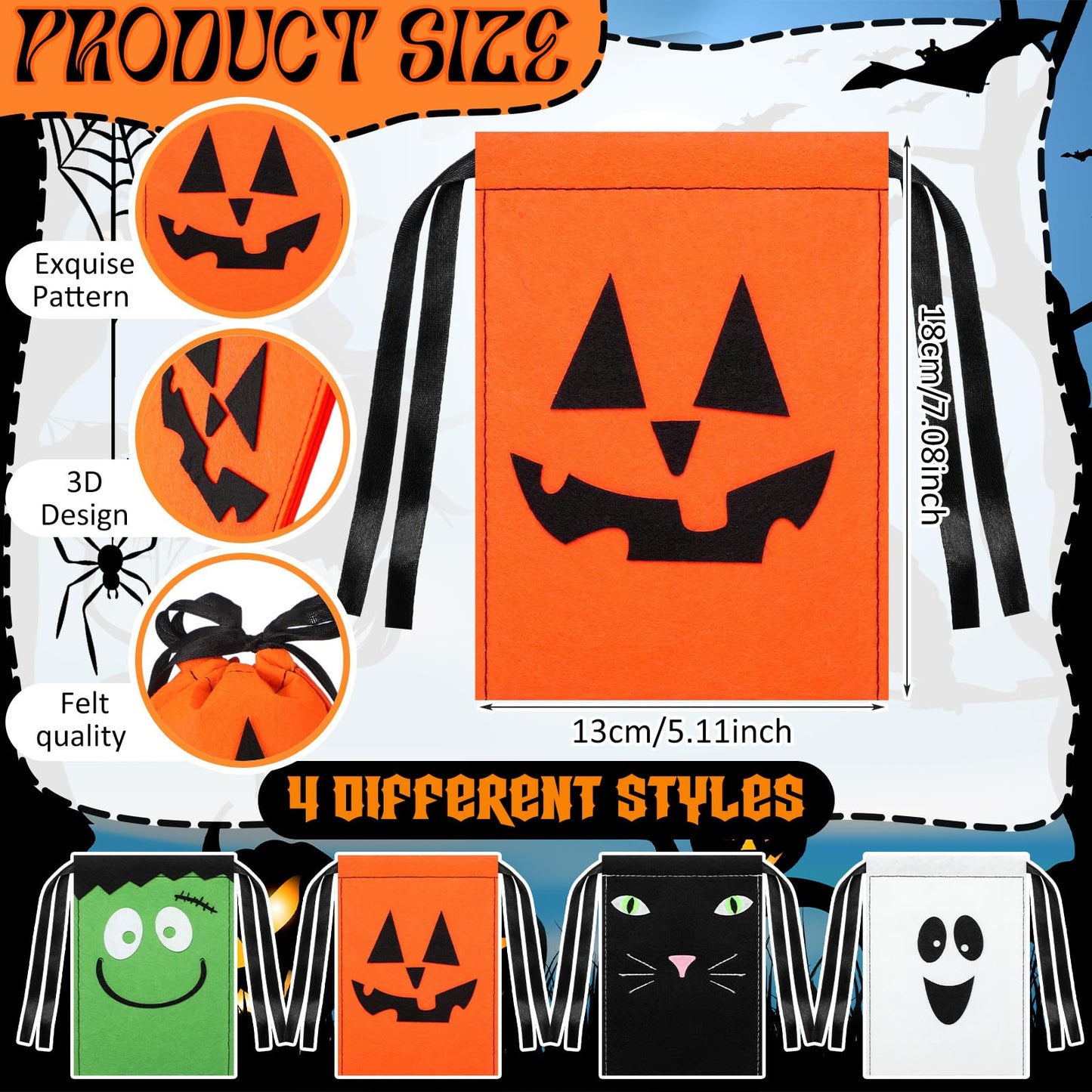Sweetude 24 Pcs Halloween Felt Treat Bags 5 x 7'' Handmade Pumpkin Ghost Cat Monster Candy Goodie Gift Bags with Drawstrings Trick or Treat Halloween Party Favors Supplies