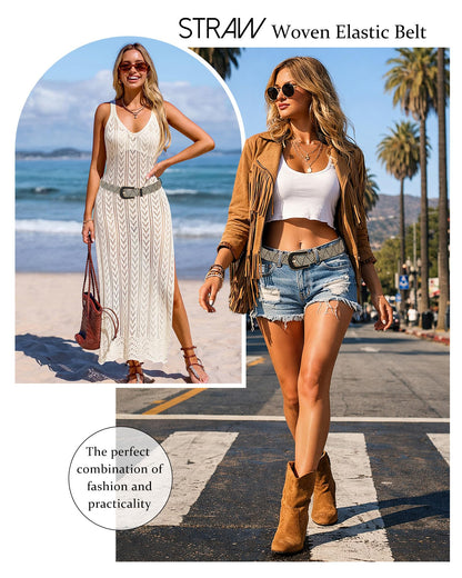 AWAYTR Womens Boho Woven Belt - Easy Care Plastic Elastic Belt with Handmade Raffia Buckle for Daily Vacation Work,Black with Beige Stripes,Fit Waist 31''-36''