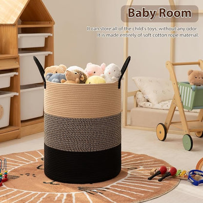 OIAHOMY Large Laundry Basket Hamper - 80L Cotton Rope Woven Basket for Blankets, Toys, Clothes - Tall Decorative Nursery Hamper with Long Handles, Yellow/Black