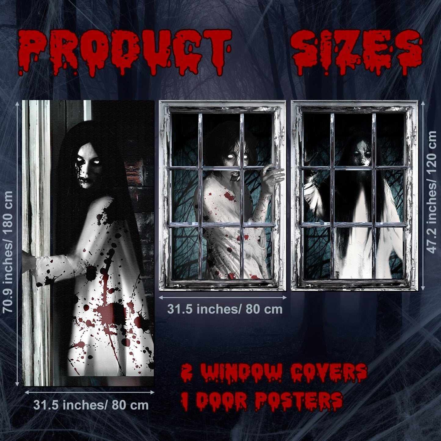 Fanfanwin 3 Pcs Halloween Window Door Covers Set Halloween Scary Window Curtain and Door Cover Spooky Silhouette Props Poster for House Decor(Female Ghost)