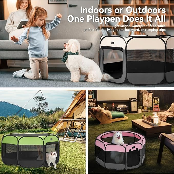 Dog Playpen for Small Dogs & Puppies, 50.39" Portable Indoor Outdoor Puppy Playpen with Bowl, Waterproof Floor, Foldable Pop-Up Pet Pen for Home, Travel & Daily Use, Pink+Grey