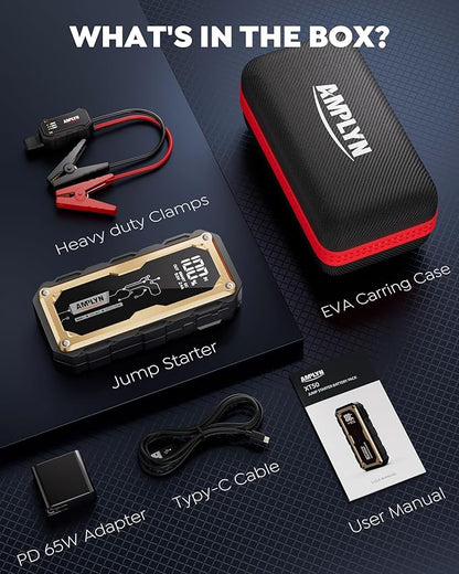 Amplyn Car Jump Starter with 65W Quick Charger 24000mAh Battery Pack,12V Car Battery Jumper Starter Portable,LED Display,All Gas 12L Diesel Engine Booster,Jump Box with LED Light,Jump Cable