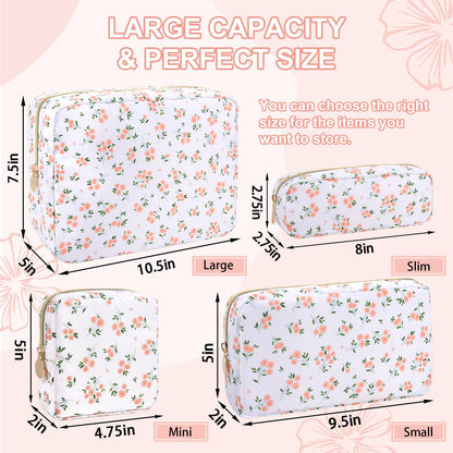 UIXIZQ Waterproof Large Floral Makeup Pouch,Nylon Travel Toiletry Storage Purse Preppy Cosmetic Bag for Women Girl,Large Capacity Makeup Organizer Zipper Pouch for Work(L White-Flowers)