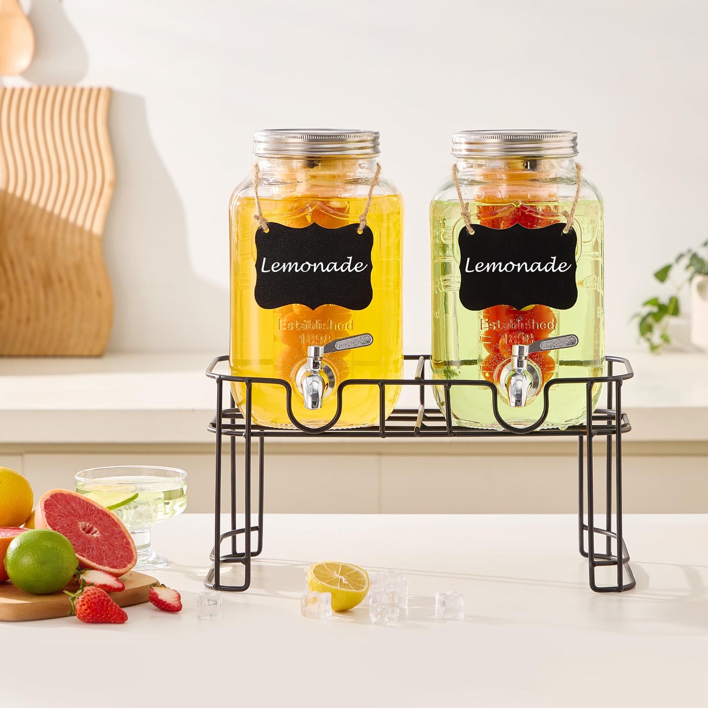 1 Gallon Glass Beverage Dispenser Set of 2 with Stand & Fruit Infuser, Stainless Steel Spigot, Beverage Dispenser for Parties, Weddings, BBQs, Lemonade, Sun Tea, Juice & Cold Drinks