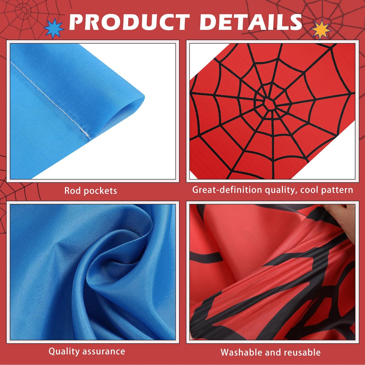 Boao 3 Pcs Spider Backdrop Birthday Decoration Spider Web Curtains 6.6 x 3.9 ft Photo Banner Window Decor for Party Photography Background Photo Props(Red and Blue Splicing)