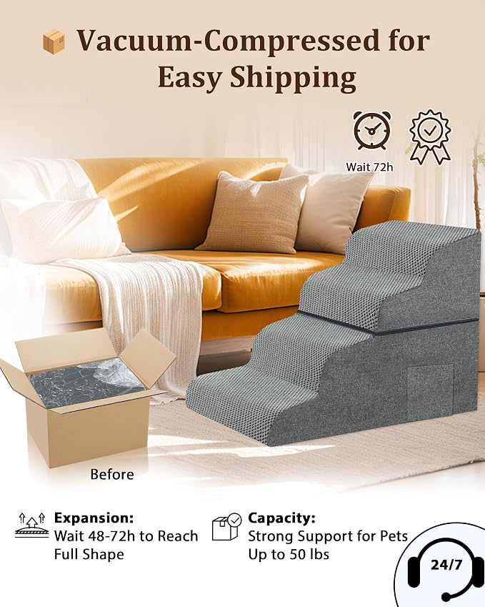 Dog Stairs for Bed, 19" H 4-Step Dog Steps for Window Seat & Loft Couch, Non-Slip Stable Pet Stairs for Small & Senior Dogs, Senior-Friendly Gentle Steps, Foldable Doggy Stairs for Resting