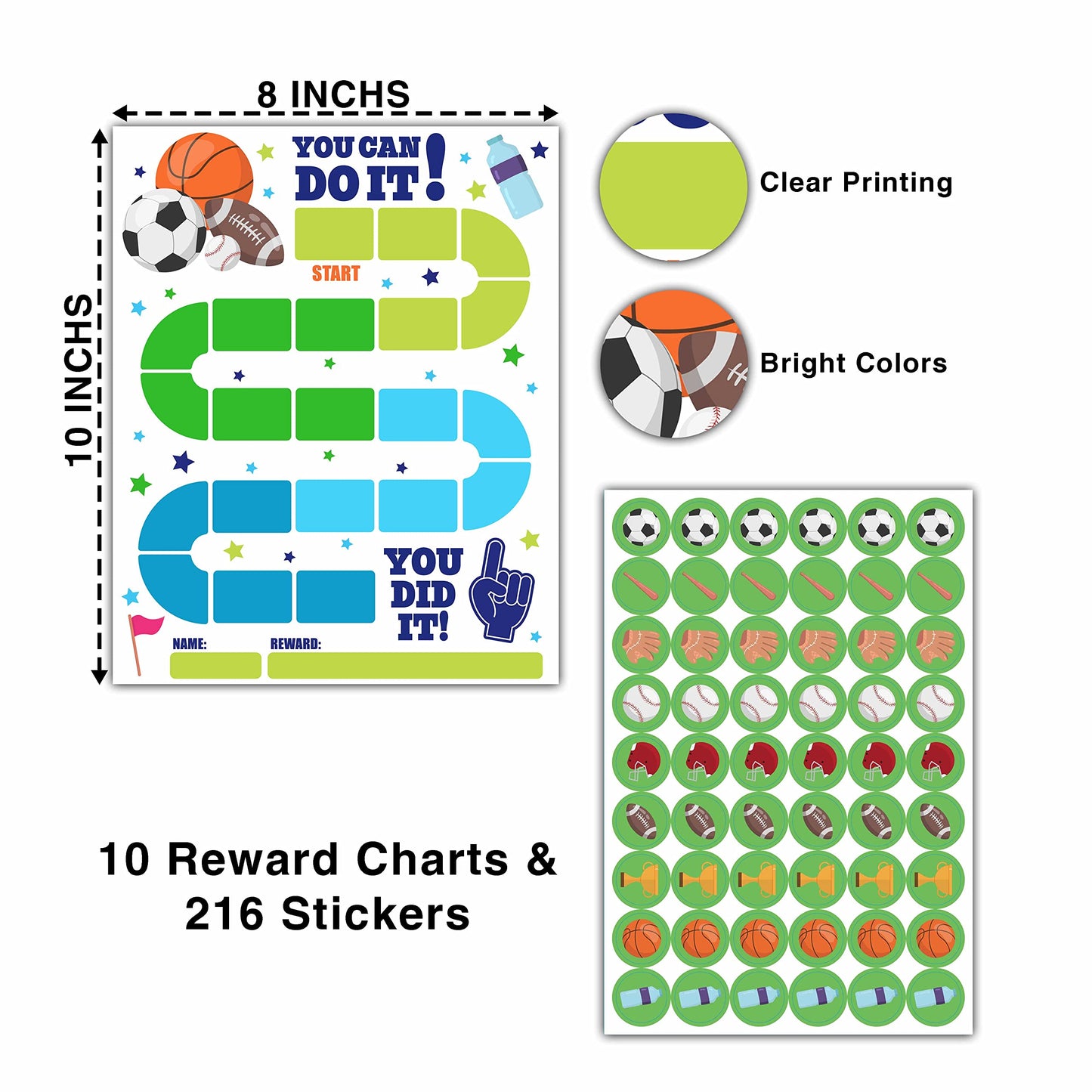 10 Sports Reward Chart with 216 Round Stickers, Incentive Behavior Chart for Kids at Home Classroom, Kids Routine Daily Chore Sticker Chart-A14