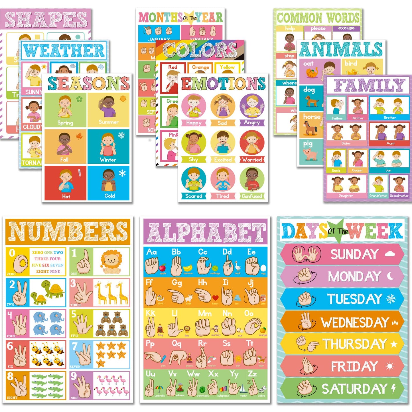 Set of 12 ASL Posters ABC Sign Language Flash Cards American Sign Language Learning Poster for Toddler Kids Students Classroom Decorations ASL Gift