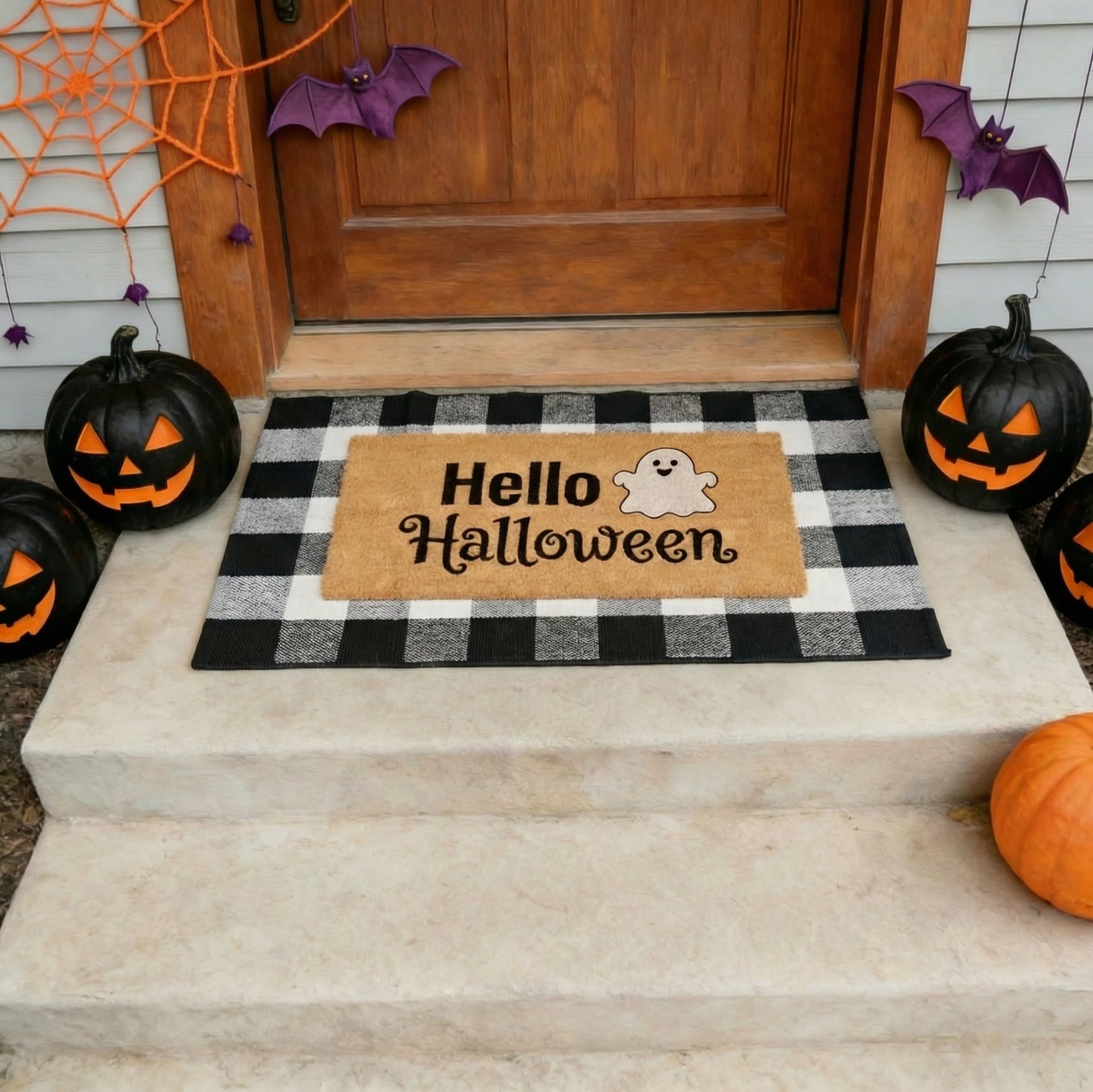 SKYPEA 2 Pcs Halloween Coir Doormat for Home 27.5 x 43 Inches with Black & White Buffalo Plaid Rug, Layered Non Slip Welcome Mats for Halloween Party, Patio & Indoor Outdoor Decor
