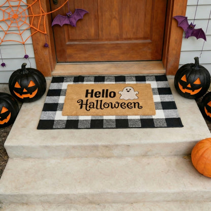 SKYPEA 2 Pcs Halloween Coir Doormat for Home 27.5 x 43 Inches with Black & White Buffalo Plaid Rug, Layered Non Slip Welcome Mats for Halloween Party, Patio & Indoor Outdoor Decor