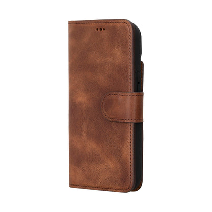 HARDISTON Genuine Leather Handmade Wallet Case Compatible with iPhone 15 - MagSafe Compatible - Detachable Strong Magnetic Flip Cover with Card Holders - Horizontal Kickstand (Brown)