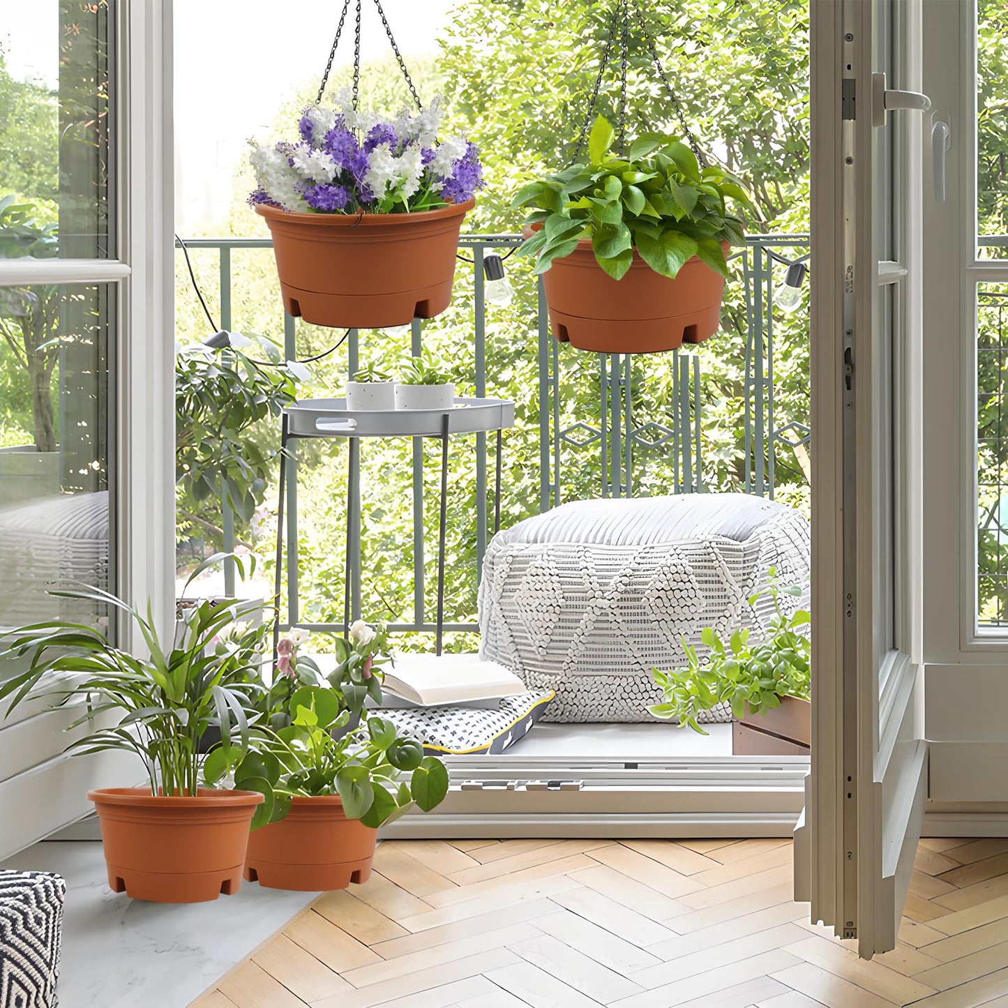 12 Inch Large Hanging Planters for Ootdoor Plants, 4 Pack Plastic Hanging Basket Pots with Drainage Trays & Chain, Hanging Pots for Plants Indoor Outdoor Garden Balcony Decoration (Terracotta)