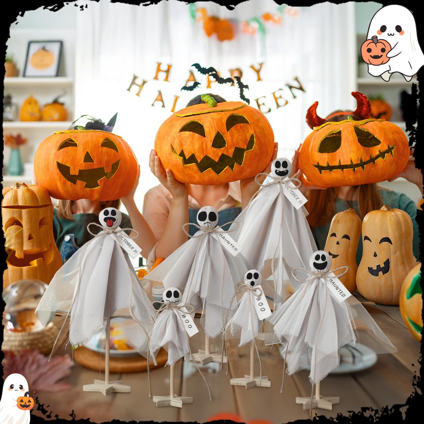 AceOrbit 6 Pcs Halloween Primitive Ghost Table Decor, Rustic Ghost Wooden Stand Sign Boho Farmhouse Wood Spooky Table Centerpieces for Halloween Office Indoor Party Decoration Supplies (Mixed Style)