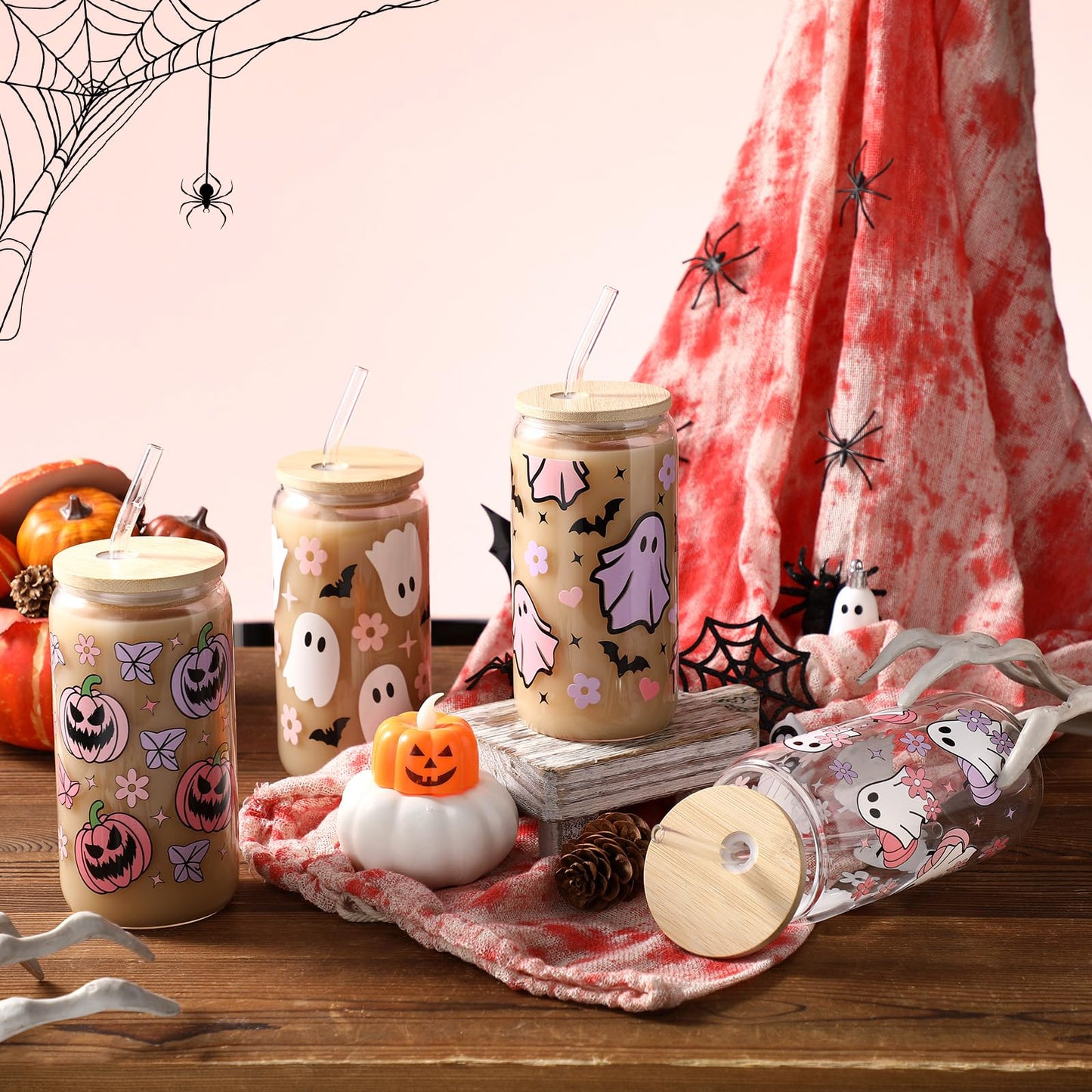 SiliFine 4 Pcs Pink Halloween Glass Cups with Lid and Straw 16 oz Drinking Glasses Halloween Iced Coffee Cups Can Shape Fall Mug Tumbler for Women Men Birthday Party Favor Gift
