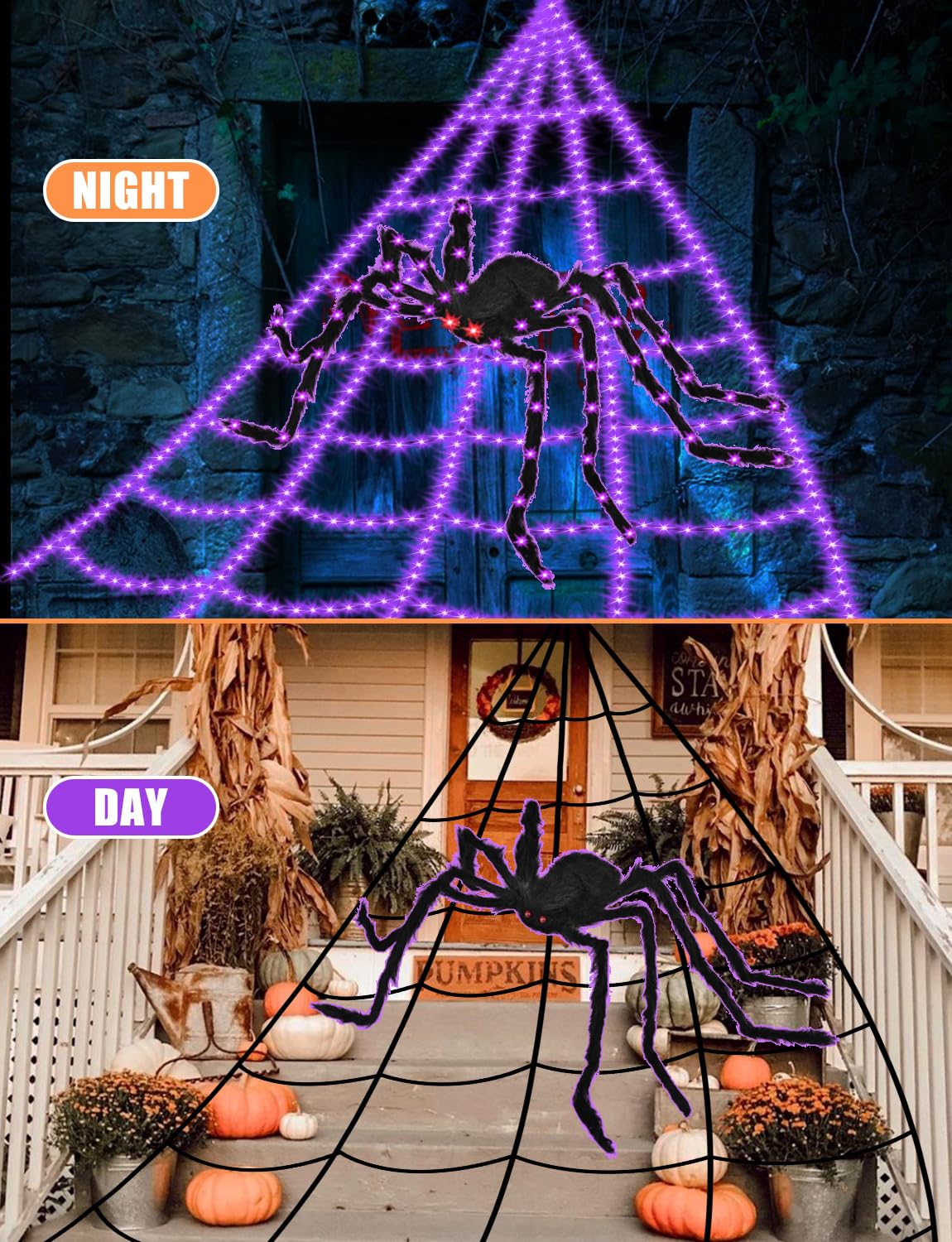 Halloween Decorations Outdoor Spider Web Lights - 16.4Ft Light Up Spider Web with 550 LEDs, Waterproof, 8 Modes Memory Function for Outdoor Yard Halloween Decorations (with Spider)