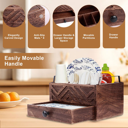 Aikosell Paper Plate Dispenser with Drawer, country style Wood Kitchen Counter, Picnic, Party, Camping - Caddy Organizer for Cups, Spoons, Forks, Plates, office supplies, Napkins & Silverware