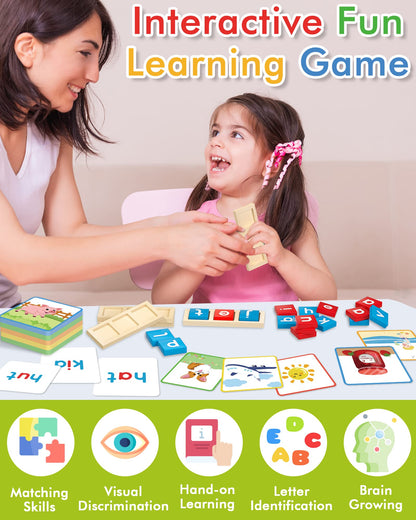 Wooden CVC Word Spelling Games, Montessori Educational Learning Toys Gifts for 3 4 5 6 Year Old Kids, Preschool Kindergarten Learning Activities, Sight Words Flash Cards Reading Letters for Toddlers