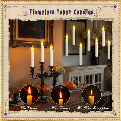 Homemory 20 Pcs Floating Candles with 2 Wand, LED Warm Yellow Magic Deco Candle, Warm Yellow Flameless Taper Candles for Halloween Party Decor