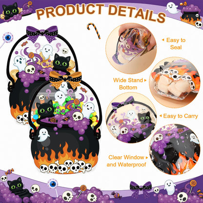 Fuutreo 50 Pcs Halloween Plastic Bags Clear Black Cat Witch Cauldron Sealed Gift Pouches with Handles Resealable Scary Holiday Favor Bags for Halloween Holiday Party Candy Gift Wrapping Supplies Decor