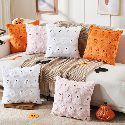 Emvency Halloween Throw Pillow Covers 18x18 Set of 2, Spooky Ghost White Decorations Pillow Cases Soft Plush Faux Fur Wool Couch Cushion Case for Couch Bed Sofa Living Room Home Decor