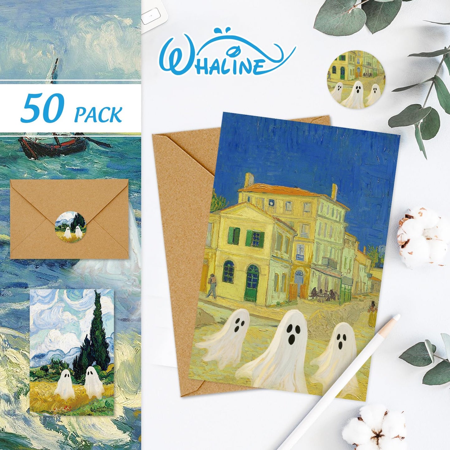 Whaline 50 Pack Halloween Cards Cute Ghost Greeting Cards with Envelopes Stickers Glue Stick Blank Note Card for Party Invitations, 4 x 6 Inch
