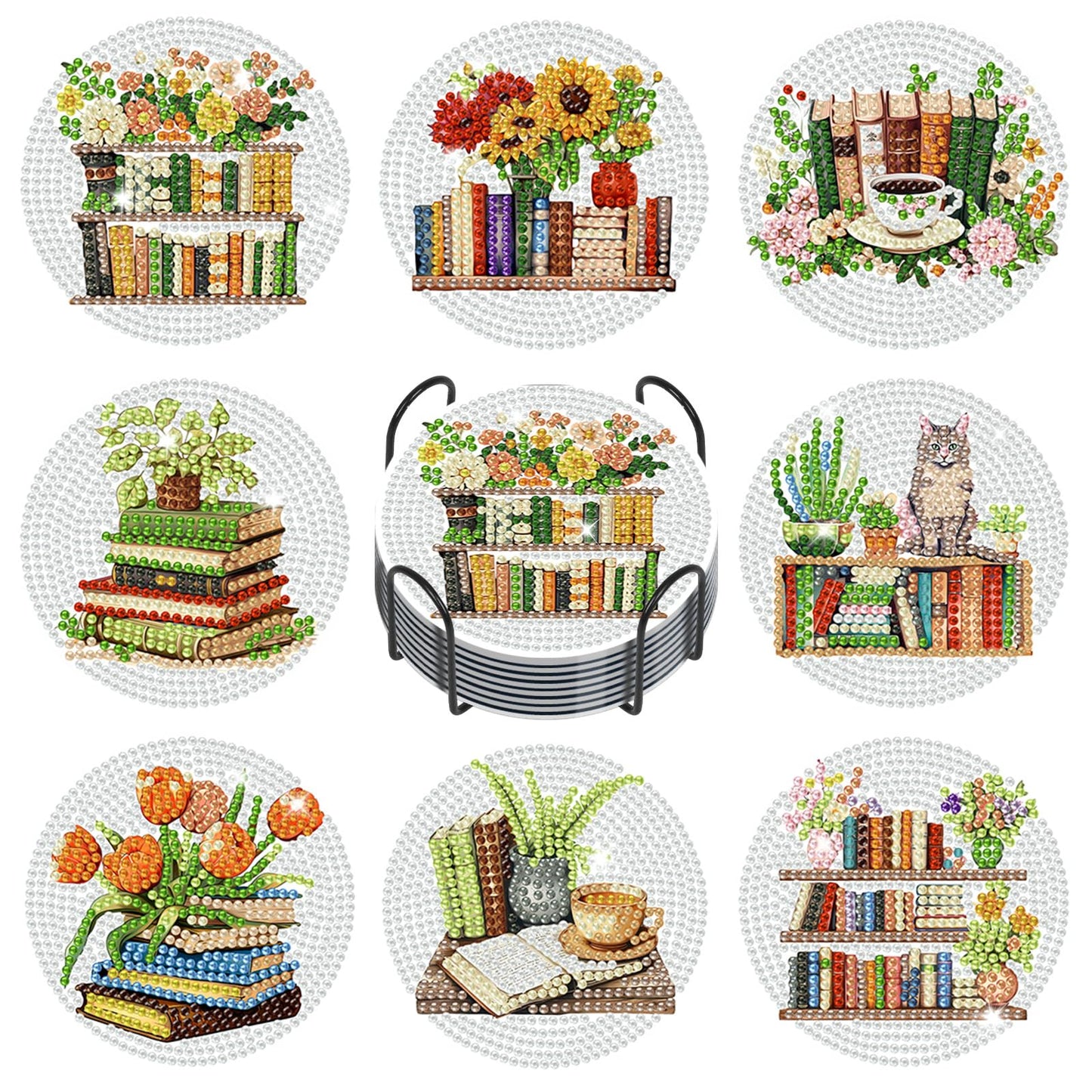 GEEHEIY Book Lover Diamond Art Coasters Kit for Adults, 8PCS DIY Floral Bookshelf Diamond Painting Coasters with Holder, Cozy Reading Aesthetic Home Decor Gifts