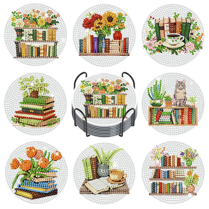 GEEHEIY Book Lover Diamond Art Coasters Kit for Adults, 8PCS DIY Floral Bookshelf Diamond Painting Coasters with Holder, Cozy Reading Aesthetic Home Decor Gifts