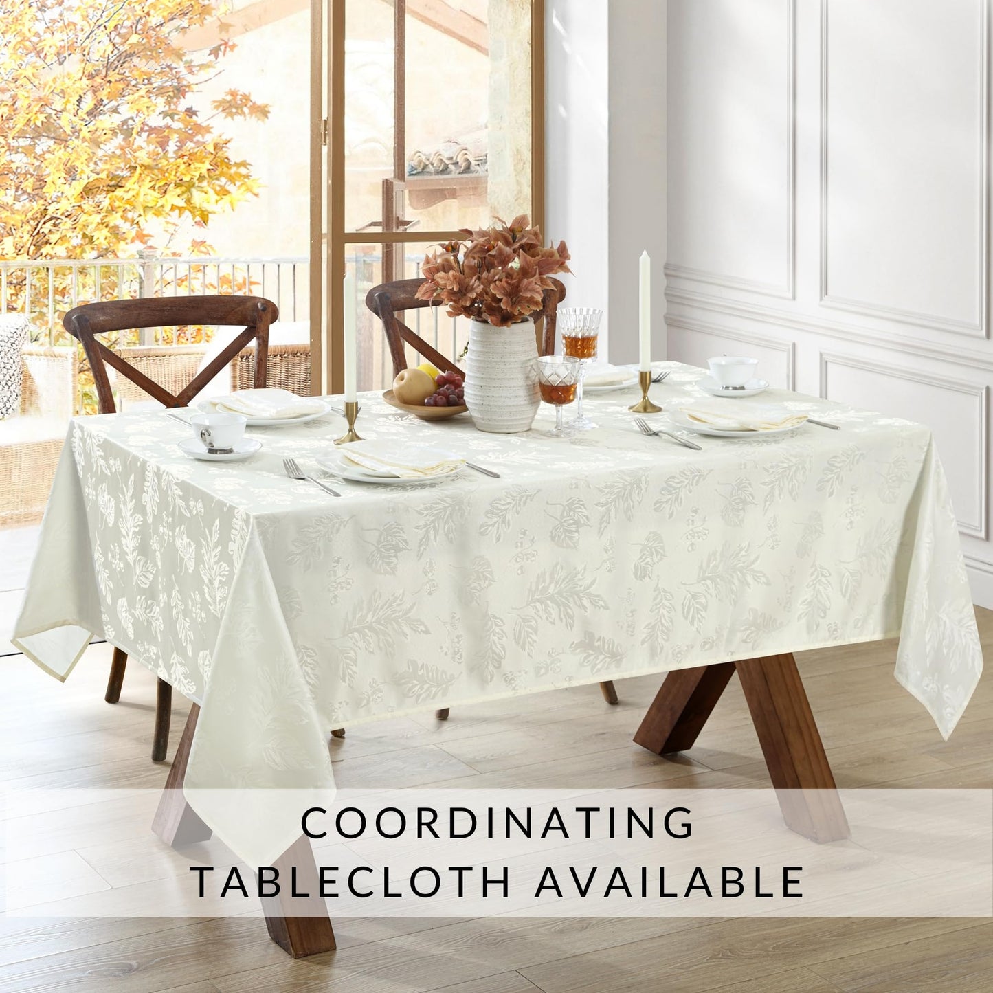 Elrene Home Fashions Elegant Woven Leaves Jacquard Damask Cloth Napkin Set, 17" x 17", Pack of 8, Ivory