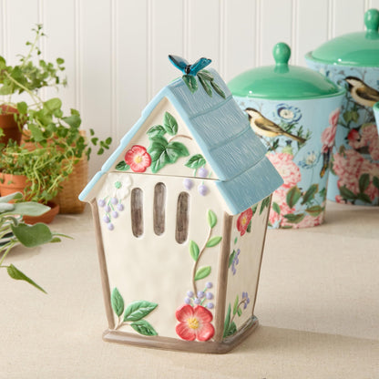 Flora 3D Birdhouse Cookie Jar – 88-Ounce Hand-Painted Ceramic Storage Jar with Floral and Butterfly Design, Perfect for Cookies, Snacks, and Decorative Kitchen Counter Display