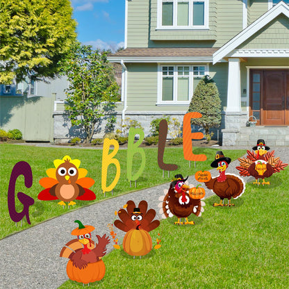 Quera 11 Pcs Thanksgiving Yard Signs Gobble Turkey Outdoor Lawn Thanksgiving Decorations Outside Decoration Pumpkins Yard Stakes for Fall Party