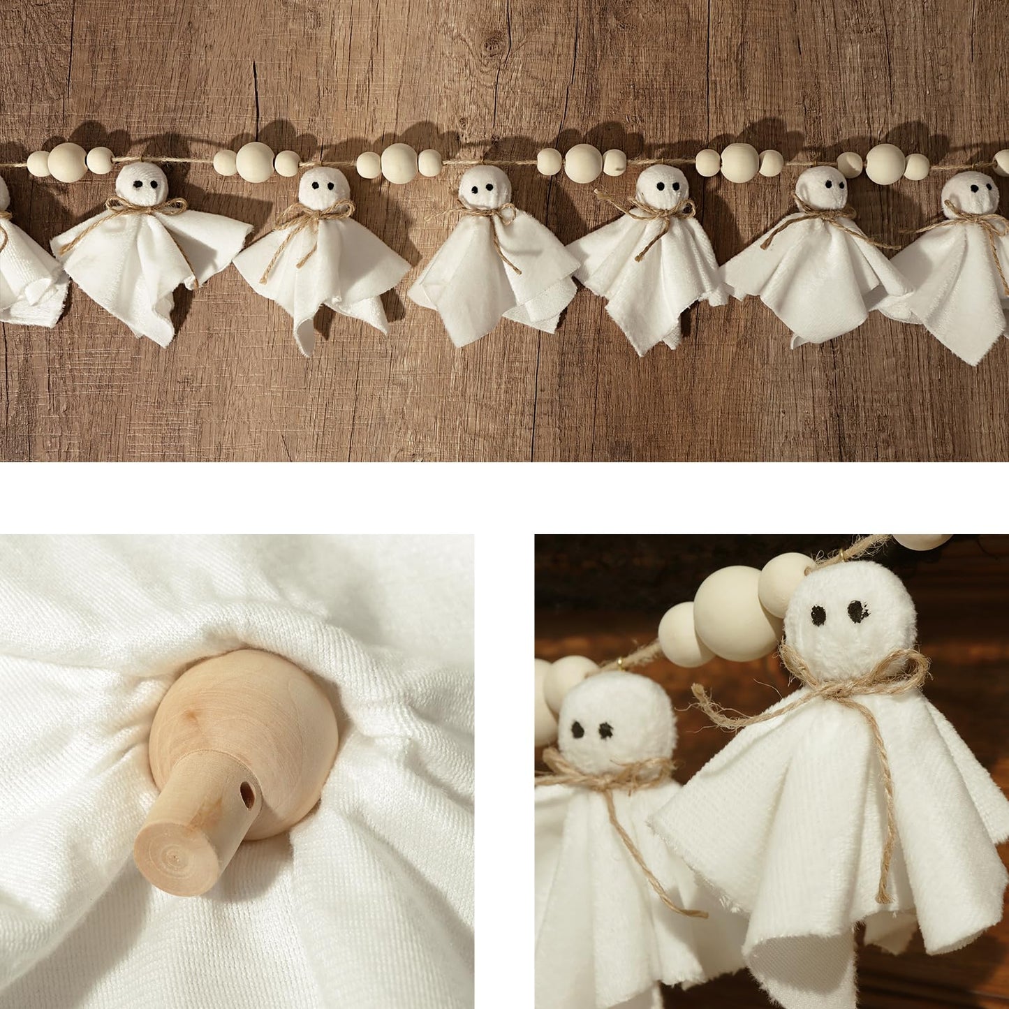 Bunny Chorus Ghost Halloween Banner: 1pc White Ghost Halloween Party Banner with Wood Beads, Cute Ghosts Halloween Garland Halloween Banner Decorations for Home Wall Mantel Doorways Front Decor