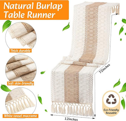 4 Sets Boho Decoration Placemats Round Woven Placemats, Cloth Napkins, Wood Bead Napkin Rings, Long Table Runner and Farmhouse Burlap Cotton for Table Kitchen (Khaki,12x72)