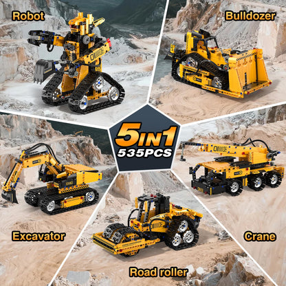 5 in 1 Building Toys STEM Robotics Kit for Kids 6-14, Remote & APP Controlled STEM Excavator/Truck/Robot/Bulldozer/Roller, 535 PCS Blocks RC Robot Erector Sets, Birthday Gift for 8 10 11 12+ Years Old