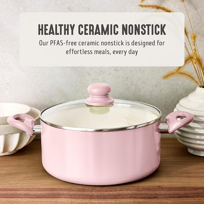 GreenLife 5 Quart Nonstick Stock Pot with Lid, Non-Toxic Ceramic Pot, Dishwasher Safe, Induction Ready, Fast Heating, Stay-Cool Handles, Kitchen Casserole, Soup, Pasta, Easy Clean, Blush Pink