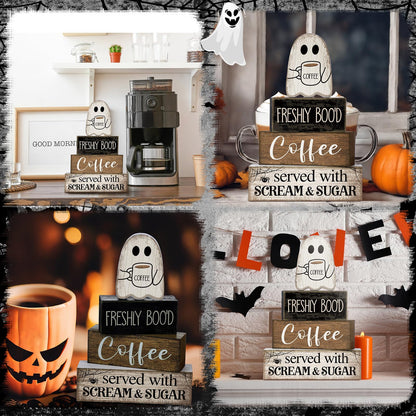 Lineshading 4 Pcs Halloween Table Decor Coffee Ghost Wooden Sign Halloween Tiered Tray Decor Farmhouse Ghost Tabletop Centerpiece Decorative Coffee Bar Block Signs for Home Office Kitchen Shelf