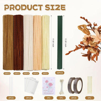 400 PCS Pipe Cleaners Bulk,5 Colors Pipe Cleaners Craft for Flowers with Floral Wires,Gardening Tape,Greeting Card,Bouquet Paper,Hot Glue Stick,Stamen & Ribbon,Ideals for DIY Holiday Deco
