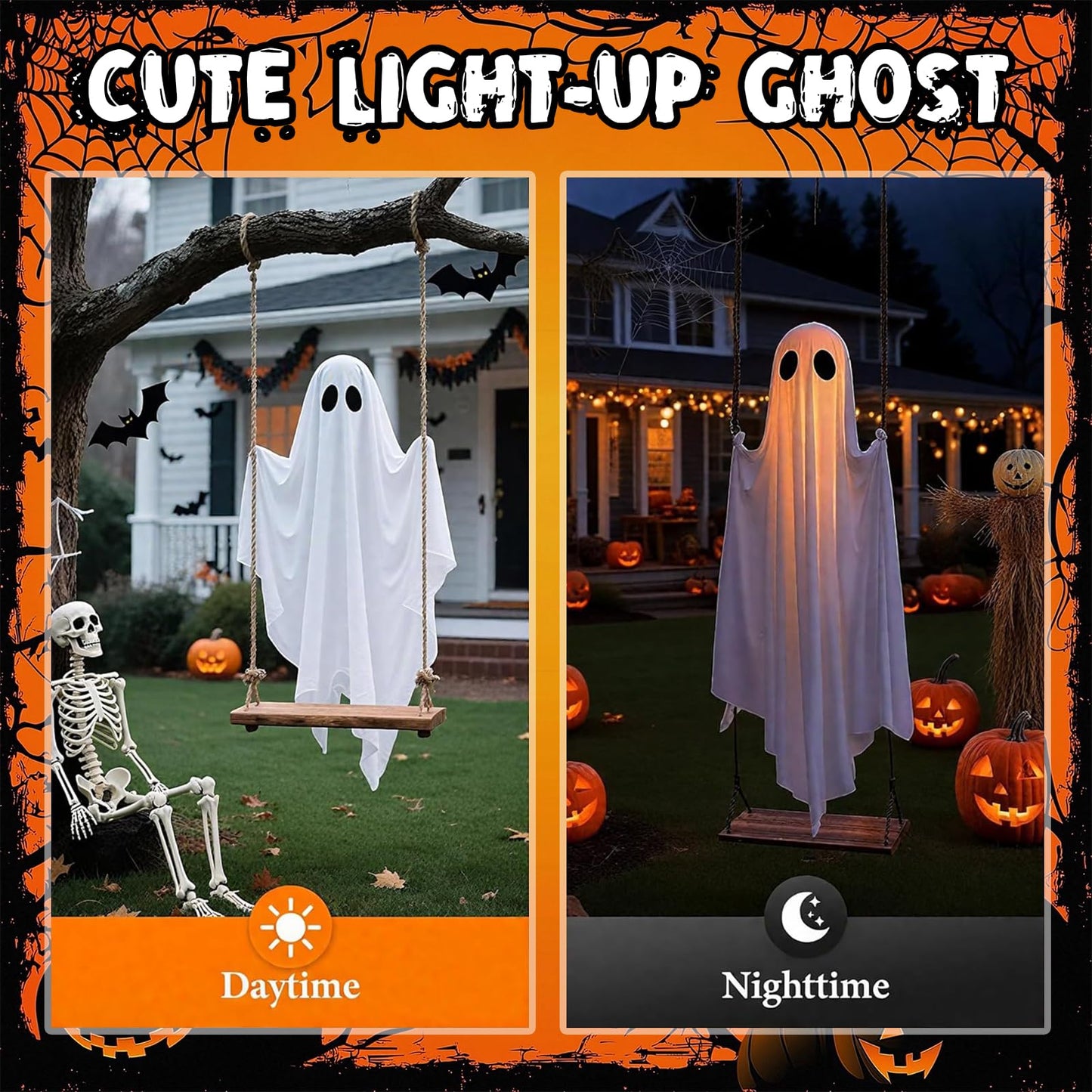 TitTees Halloween Decorations Outdoor, 5FT Large Hanging Ghost Swing with Remote Control String Lights, Spooky Cute Ghosts Decorations for Tree Porch Yard Garden Lawn